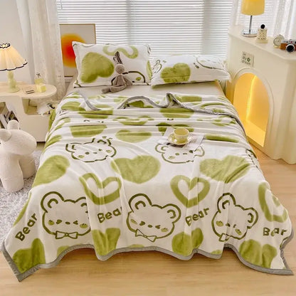 Dark gray cartoon print flannel sofa cover with soft white plush texture green bear and heart patterns gray trim decorbites cartoon print