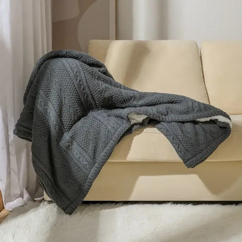 Dark gray fishbone knit blanket with cozy double layer featuring soft white fleece lining for living room decorbites cozy double