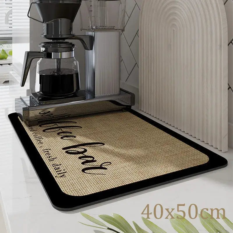 Dark gray silicone decorbites coffee mat with burlap texture black border and elegant coffee bar cursive script