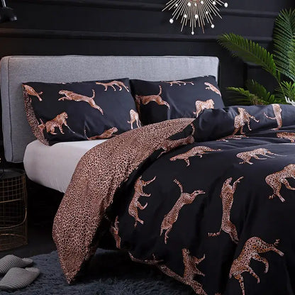 Dark green floral plush duvet cover set featuring a black duvet cover and pillowcases with rose gold leopard print design