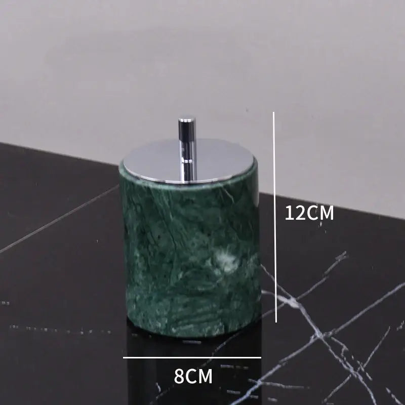 Green marble bathroom cylindrical ashtray with polished chrome lid and stem from decorbites dark green set with gold accents