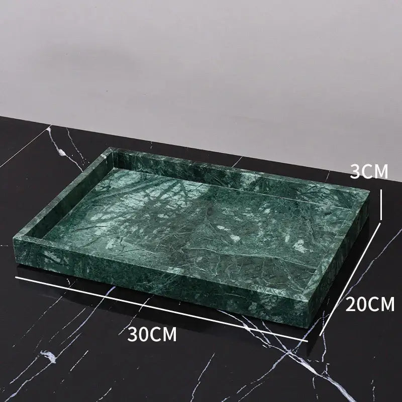 Dark green marble rectangular tray with natural veining and glossy finish in decorbites dark green bathroom set