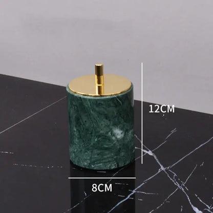 Green marble bathroom ashtray with gold-toned lid and stem from decorbites dark green marble accessory set