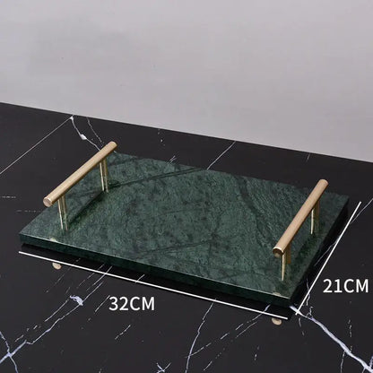 A sleek rectangular dark green marble serving tray with polished brass handles from decorbites green marble bathroom set