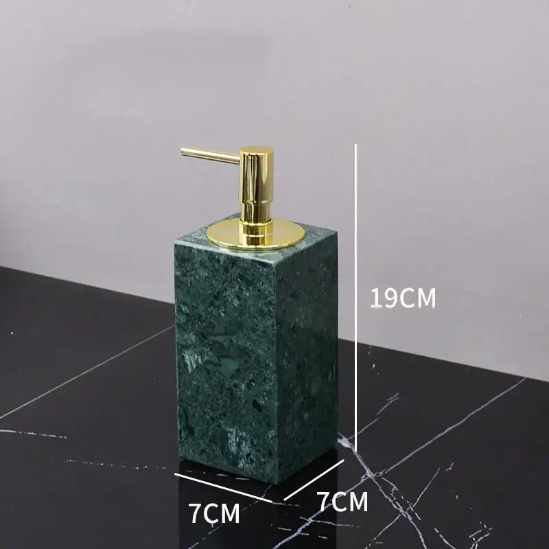 A sleek rectangular dark green marble soap dispenser with a polished gold-tone pump for green marble bathroom decorbites