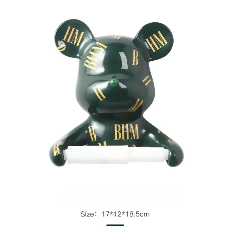 Dark green resin paper towel holder shaped like a ceramic bear with gold bhm lettering and a white paper roll