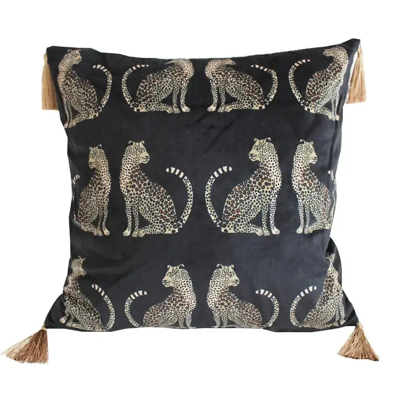 Black velvet cushion cover with cream and brown decorbites leopard cheetah print and tassels for living room decor