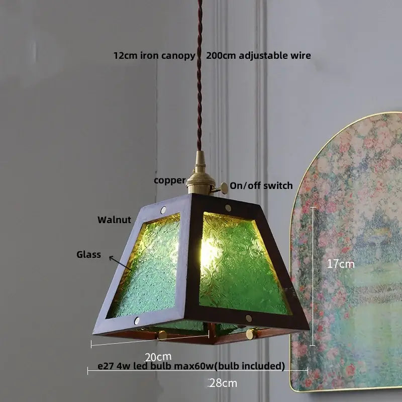 Dark wood and glass led pendant lamp with dark walnut frame and green glass panels for dining room use