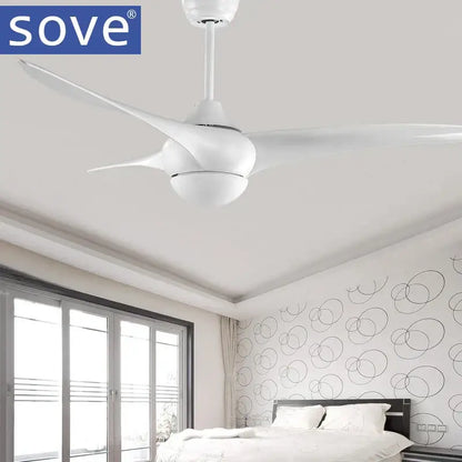 White sove ceiling fan with three aerodynamic blades for modern use in dark wood led village ceiling fan bedrooms