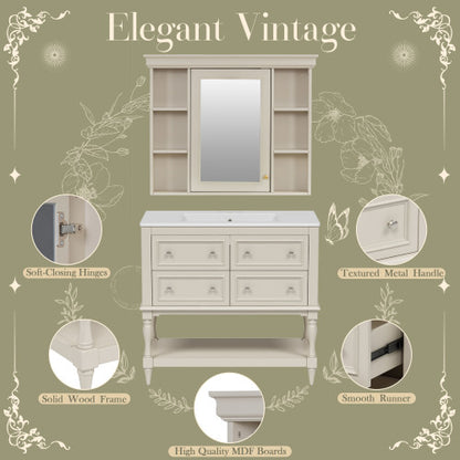 36'' Bathroom Vanity With Medicine Cabinet, Modern Mirror Cabinet With Adjustable Shelf, Bathroom Storage Cabinet With 4 Drawers, Solid Wood Frame Bathroom Storage Cabinet