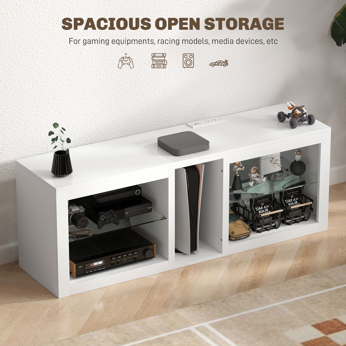 TV-Ständer Center für 55" mit LED-Lichtern und Stromsteckdosen TV-Fernsehschrank mit einstellbaren Regalen Hochglanz