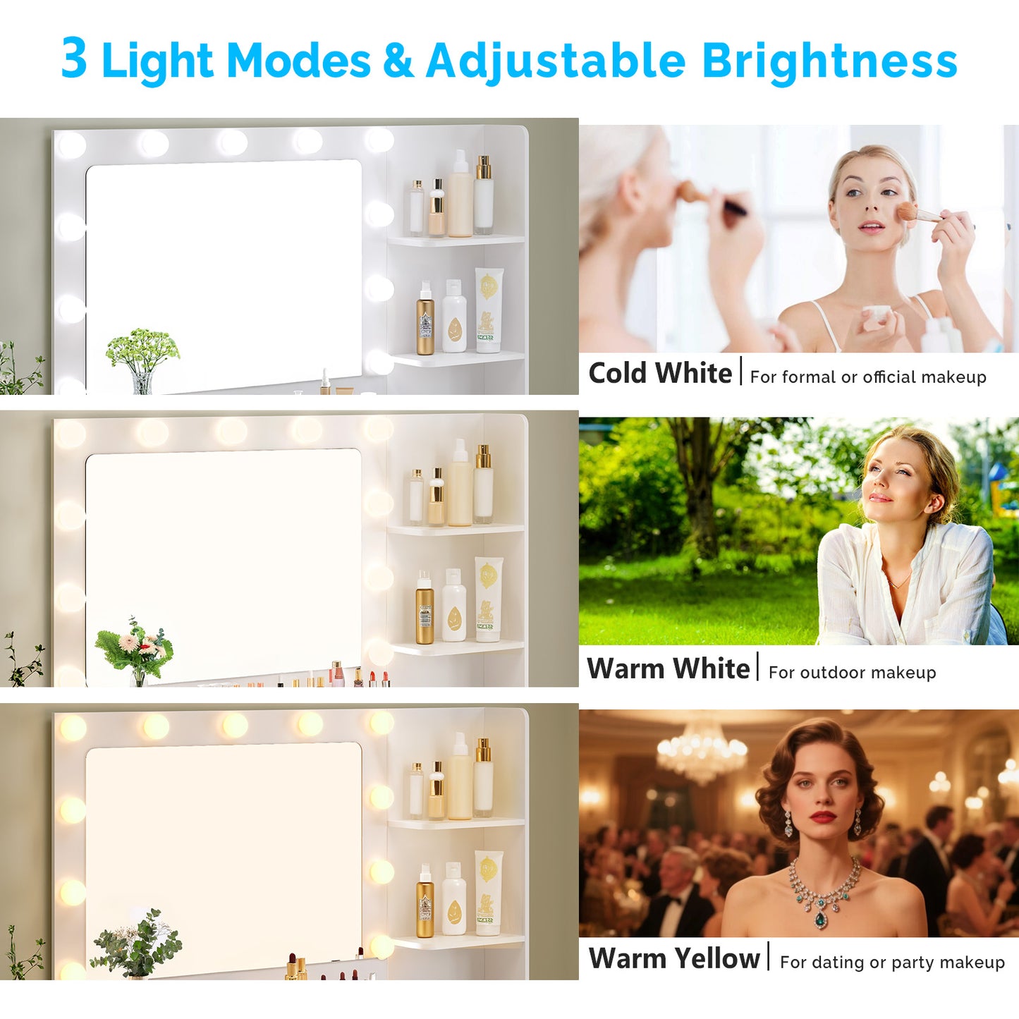 White Particleboard With A Melamine Finish, 5-drawer, 2-shelf Dressing Table Set With 11 Three-tone Light Bulbs, Power Strip, And Grille.