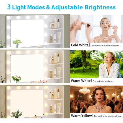 White Particleboard With A Melamine Finish, 5-drawer, 2-shelf Dressing Table Set With 11 Three-tone Light Bulbs, Power Strip, And Grille.
