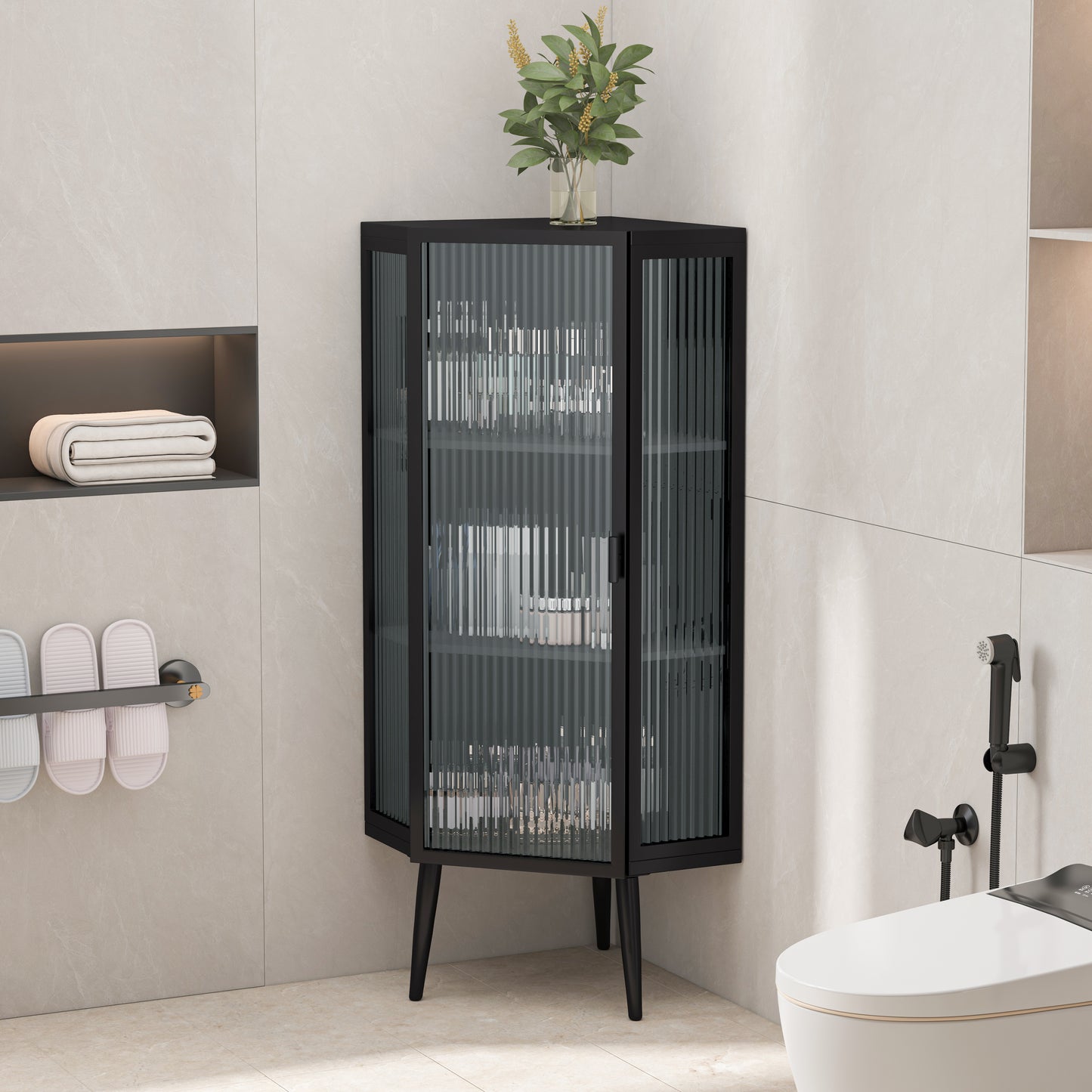 22,25'' Eckschrank für den Boden, Drei Etagen mit gehärteten Glastüren und Stauraumregalen für Badezimmer, Wohnzimmer und Schlafzimmer, schwarz