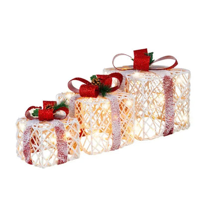 3-teilige Flauschige Weihnachtsgeschenkkartons - 60 warme weiße LEDs, Timer-Funktion, weiß-rot festliche Dekoration