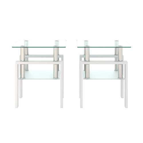 Set aus 2, Moderner Tee-Tisch Kaffeetisch Beistelltisch aus Temperglas, Quadratischer Tisch für das Wohnzimmer, Transparent Weiß