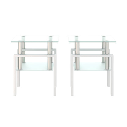 Set aus 2, Moderner Tee-Tisch Kaffeetisch Beistelltisch aus Temperglas, Quadratischer Tisch für das Wohnzimmer, Transparent Weiß