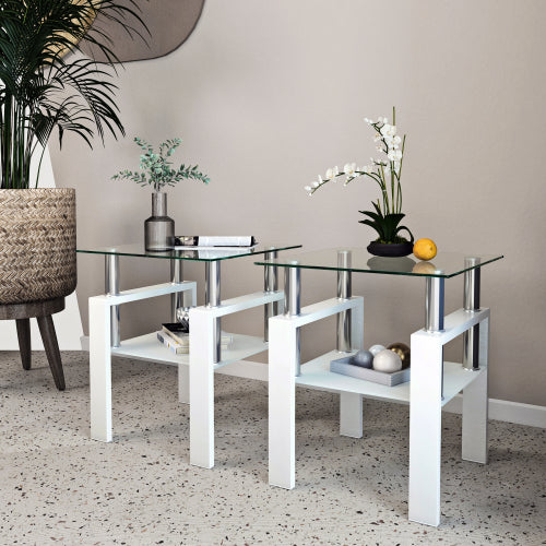Set aus 2, Moderner Tee-Tisch Kaffeetisch Beistelltisch aus Temperglas, Quadratischer Tisch für das Wohnzimmer, Transparent Weiß