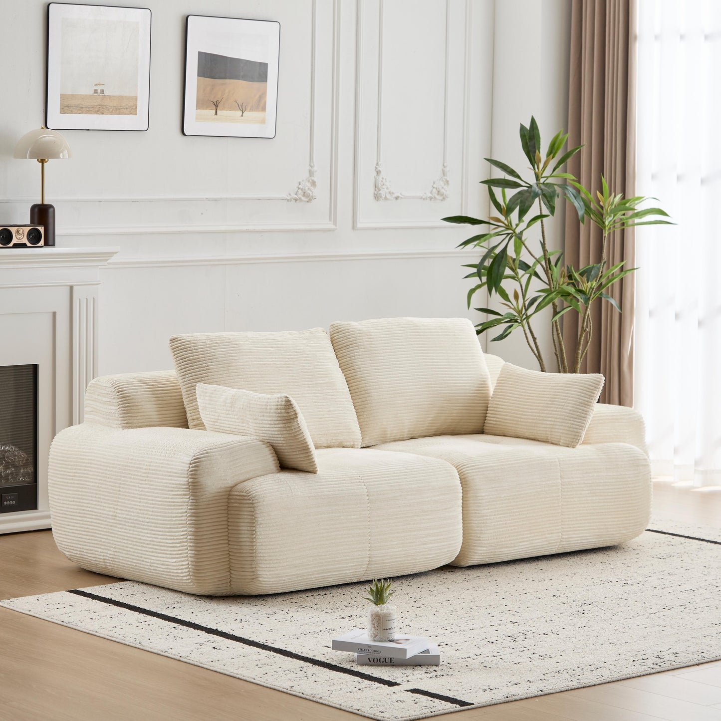 Moderne Kompressions-Matratzen-Sofa, 2-Sitzer großes Ecksofa für das Wohnzimmer, Haustierfreundliches Wolkenmodul-Sofa, Samtstoff, extra tiefe Zweier-Sitzbank, keine Montage erforderlich, Beige