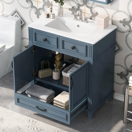 30'' Badezimmer-Waschständer mit Keramikwaschbecken, Badezimmer-Aufbewahrungsschrank mit Massivholzrahmen und weich schließenden Türen, Retro-Stil, Blau