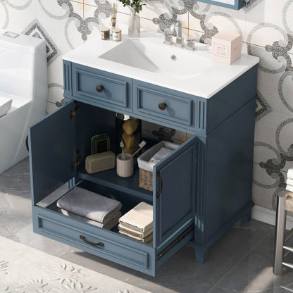 30'' Badezimmer-Waschständer mit Keramikwaschbecken, Badezimmer-Aufbewahrungsschrank mit Massivholzrahmen und weich schließenden Türen, Retro-Stil, Blau
