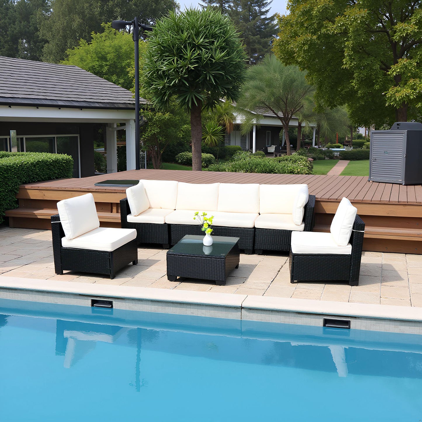 Beliebtes Siebenteiliges Sofasofa-Set mit Tisch, Sofa-Sessel, Schwarzes PE-Rattan, Outdoor, Neues Design Möbel 7-JH002 Kiste 3-1-2-3 mit Weißem Farbigen Kissen