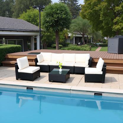 Beliebtes Siebenteiliges Sofasofa-Set mit Tisch, Sofa-Sessel, Schwarzes PE-Rattan, Outdoor, Neues Design Möbel 7-JH002 Kiste 3-1-2-3 mit Weißem Farbigen Kissen