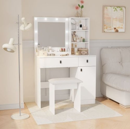 Toilettentisch mit Lichtern, Toilettentisch-Set mit Spiegel, Schminktisch mit großen Schubladen, Drei-Ebenen-Speicher-Kommode, Toilettentische mit 3 Lichtern, einstellbare Helligkeit für das Schlafzimmer, weiß