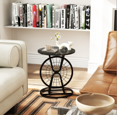 2-teiliges Vintage-Industrial-Radfahrer-Design-Seitentisch, runder Akzenttisch mit Metallrahmen, rustikaler Couchtisch für Wohnzimmer, Schlafzimmer und Büro