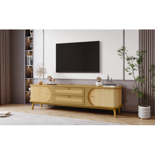 Rattan-Fernsehtisch für Fernseher bis 75 Zoll, modernes Bauernhaus-Medienbüfett, Unterhaltungszentrum mit massiven Holzbeinen, TV-Schrank für das Wohnzimmer, Heimkino