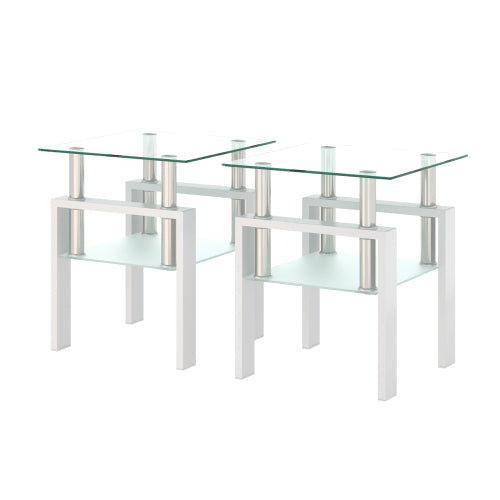 Set aus 2, Moderner Tee-Tisch Kaffeetisch Beistelltisch aus Temperglas, Quadratischer Tisch für das Wohnzimmer, Transparent Weiß