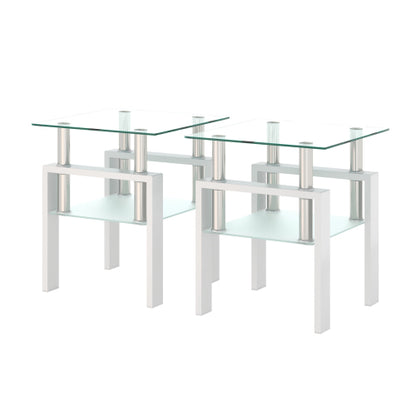 Set aus 2, Moderner Tee-Tisch Kaffeetisch Beistelltisch aus Temperglas, Quadratischer Tisch für das Wohnzimmer, Transparent Weiß