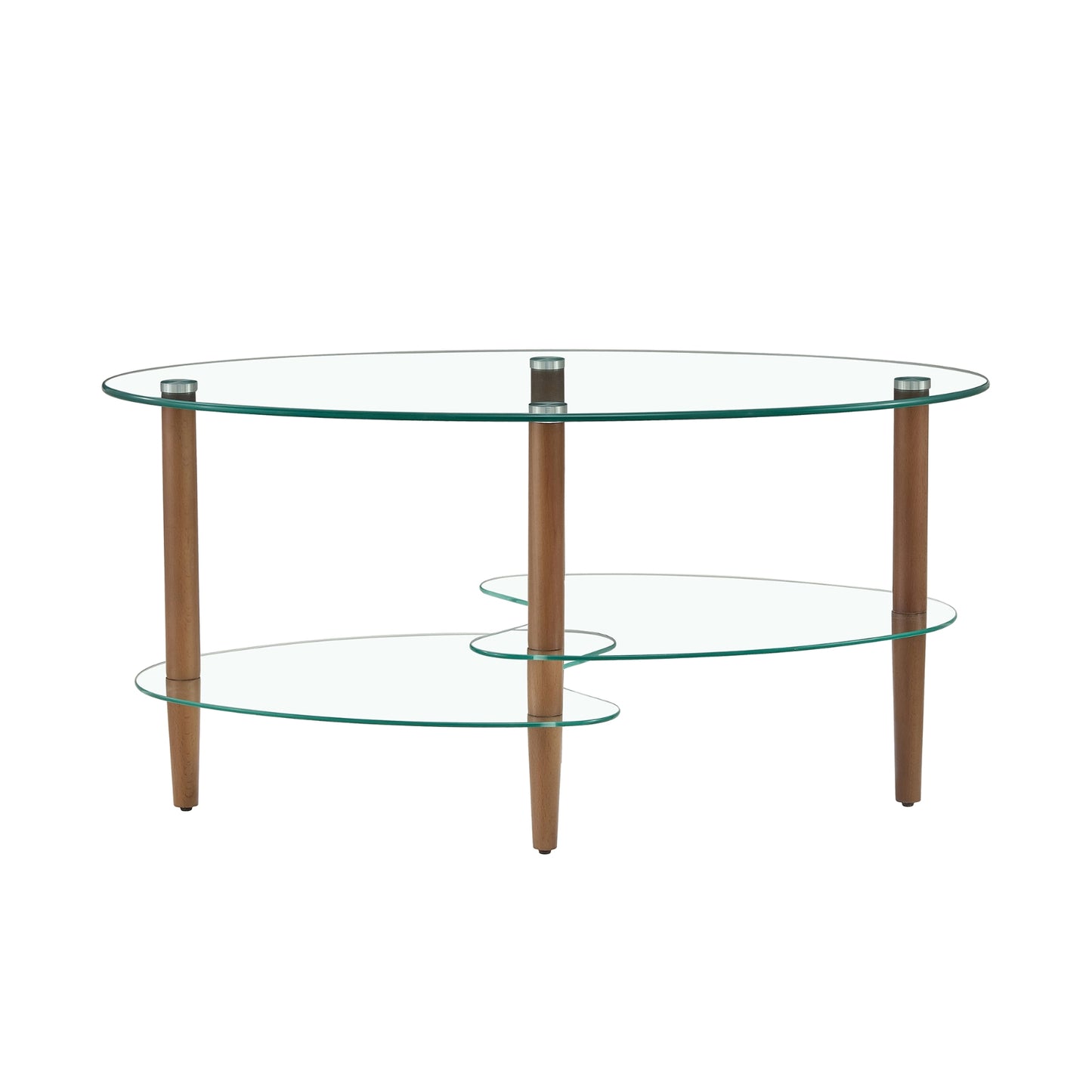 Transparenter ovaler Glas-Couchtisch, 3-stufiges Eichenbein Modernes Wohnzimmertisch