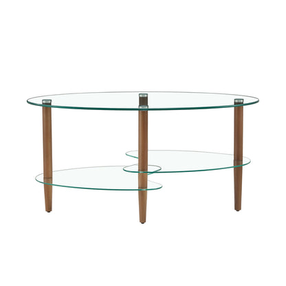 Transparenter ovaler Glas-Couchtisch, 3-stufiges Eichenbein Modernes Wohnzimmertisch