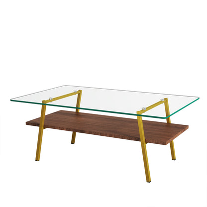 Rechteckiger Couchtisch, Tafelplatte aus Sicherheitsglas mit goldenen Metallbeinen, moderner Tisch für das Wohnzimmer,