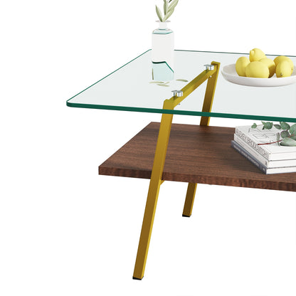Rechteckiger Couchtisch, Tafelplatte aus Sicherheitsglas mit goldenen Metallbeinen, moderner Tisch für das Wohnzimmer,