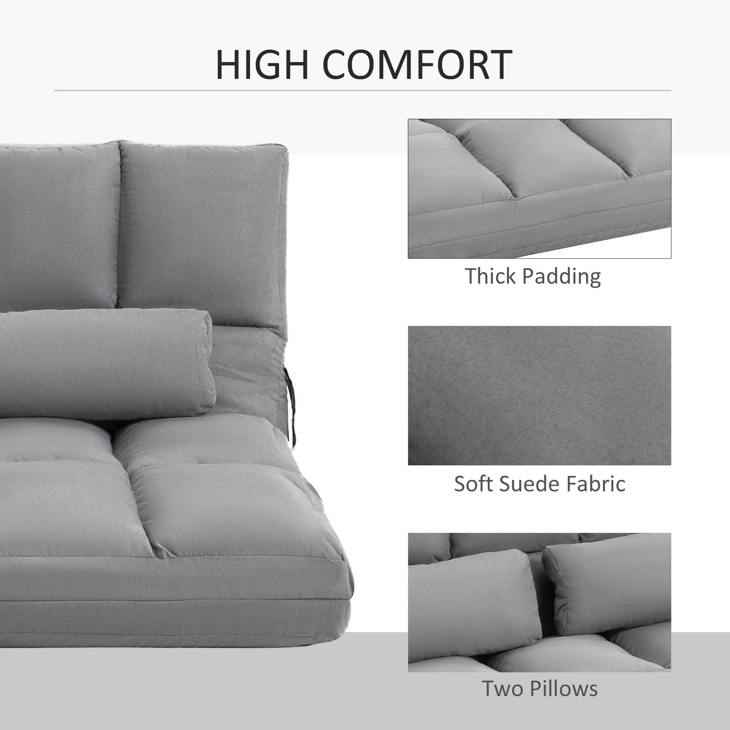 Folding Upholstered Couch Bed Gray Convertible Floor Sofa Chair Metal Frame Pillows