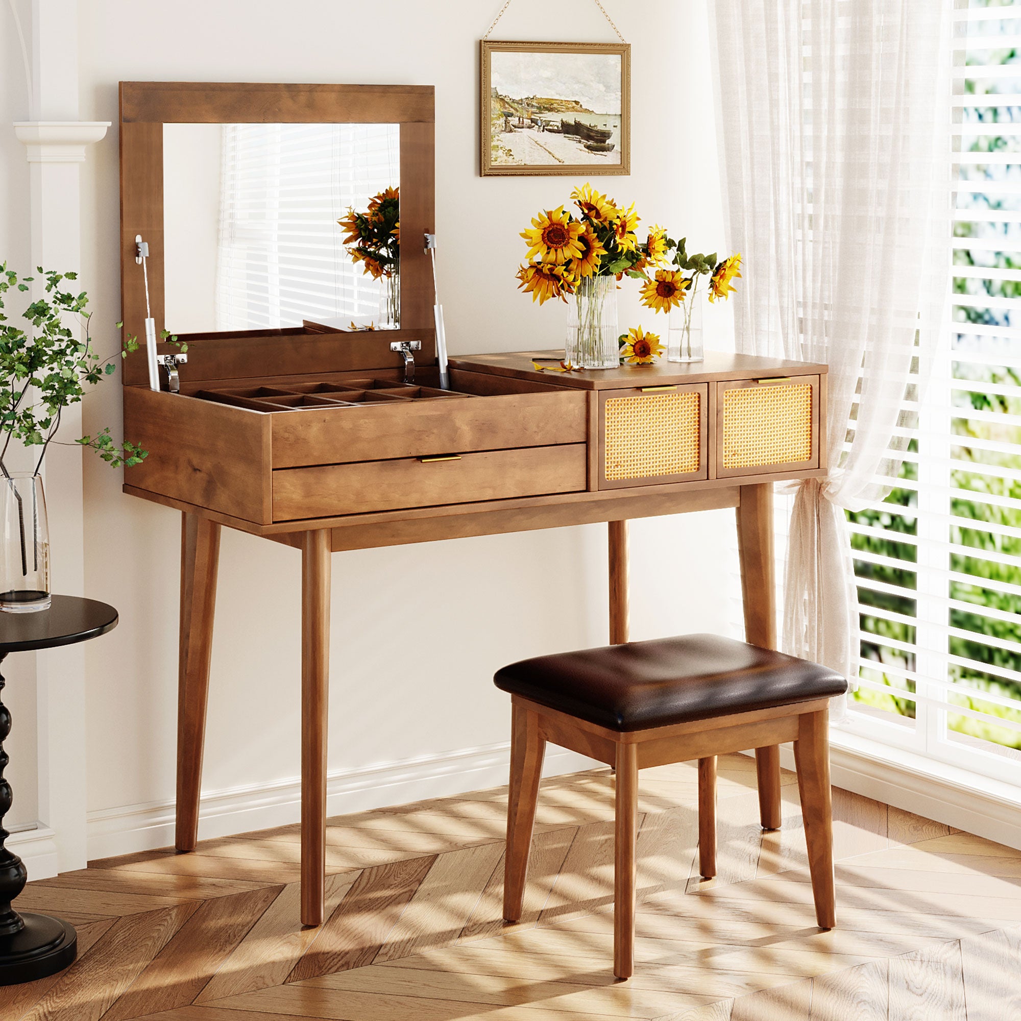 43,3 Klassisches Holz-Make-up-Toilettentisch-Set mit Klappdeckelspiegel und Hocker, Ankleidetisch mit drei Schubladen und Stauraum, Braun