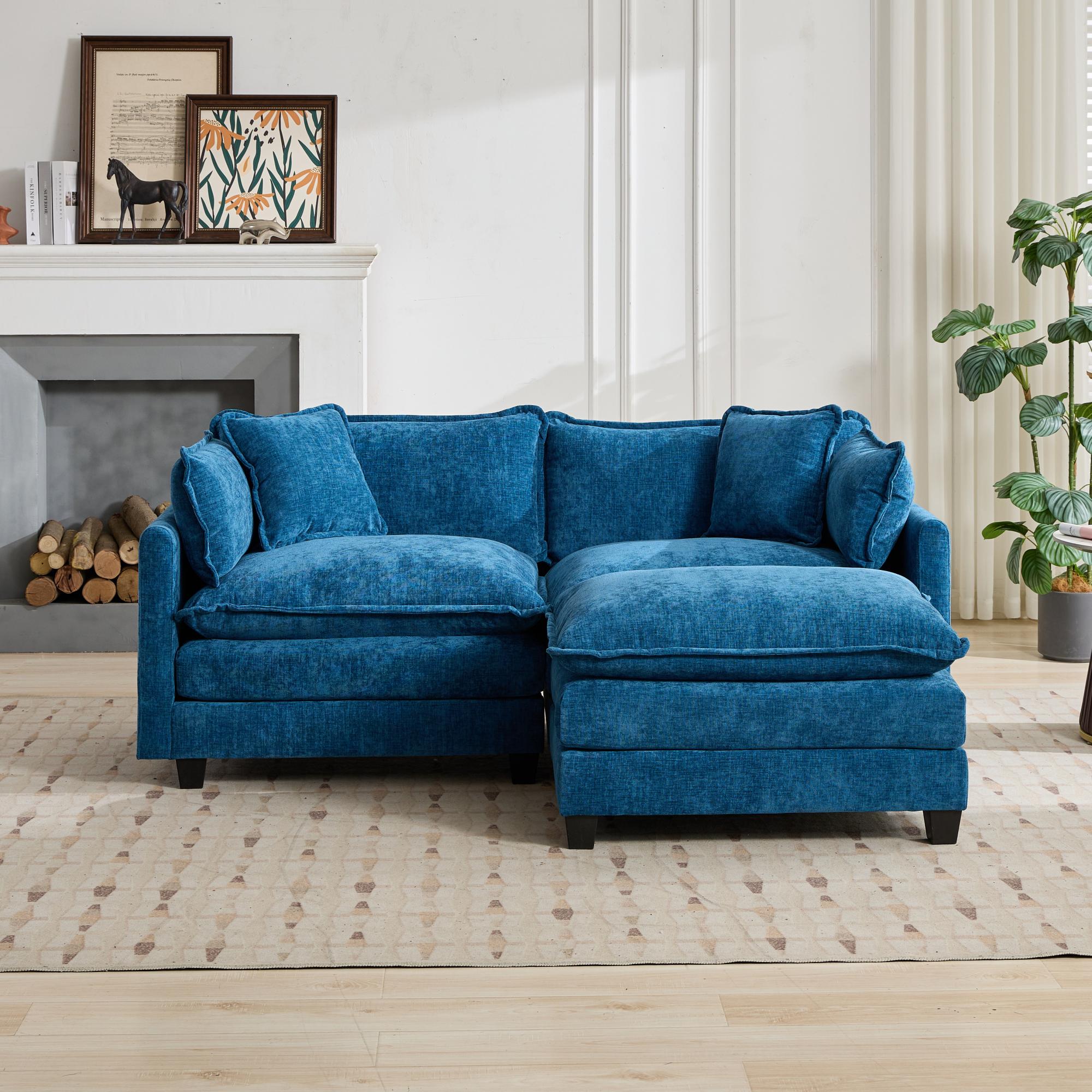 Cloud-Sofa Liebesitz Hocker nicht enthalten, modernes Ecksofa, für Wohnzimmer, Schlafzimmer und Wohnung, bequeme zweischichtige gepolsterte Sitzkissen, atmungsaktiver Chenille-Stoff, Blau.SW5012BL