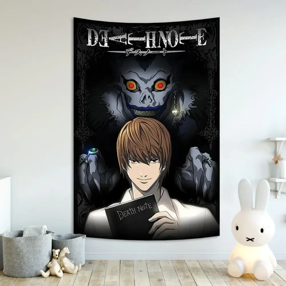 Black death note aesthetic tapestry featuring central character with glowing red eyes holding notebook blue anime decorbites wall hanging