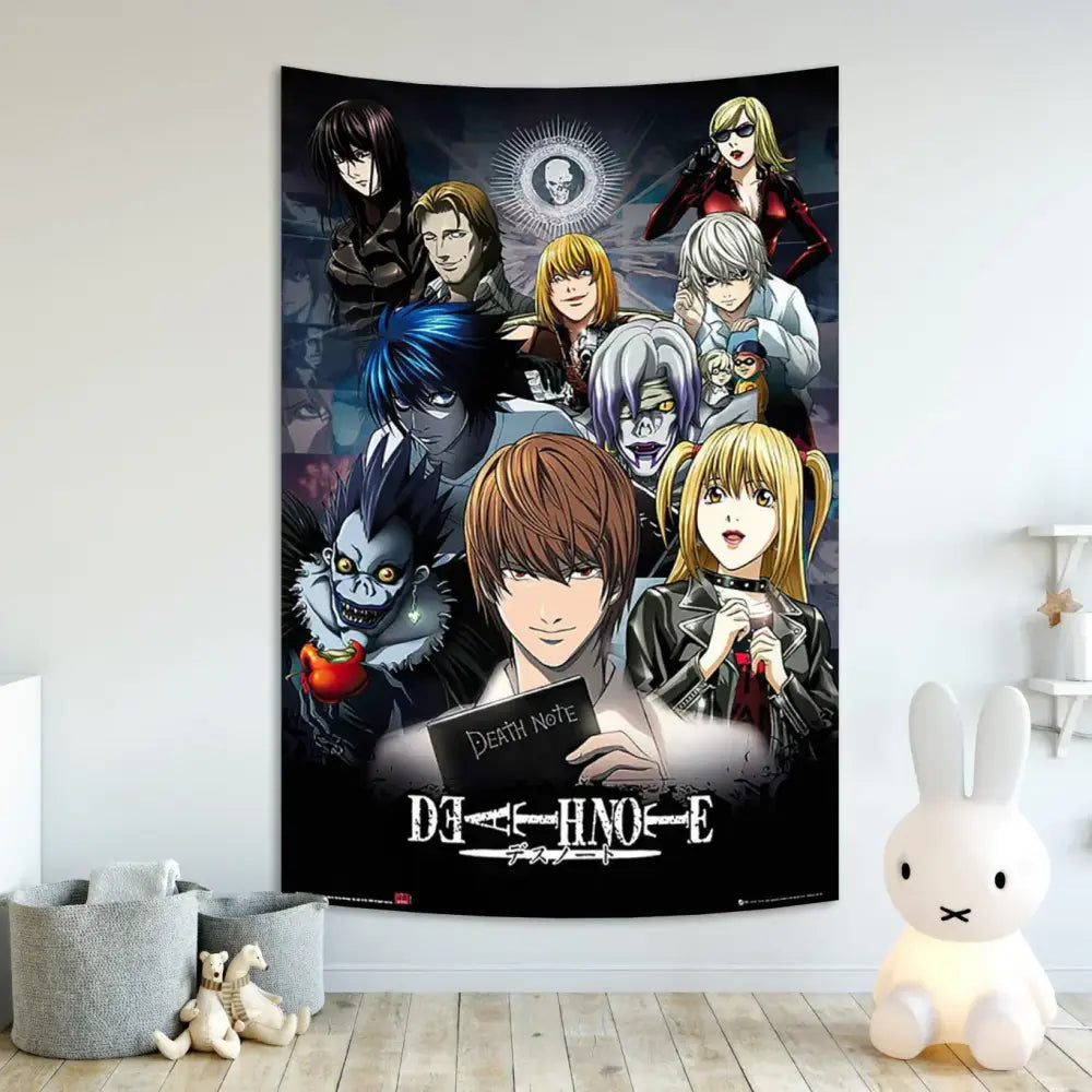 Black death note aesthetic tapestry featuring dynamic anime characters with bold white and red text for bedroom decorbites decor