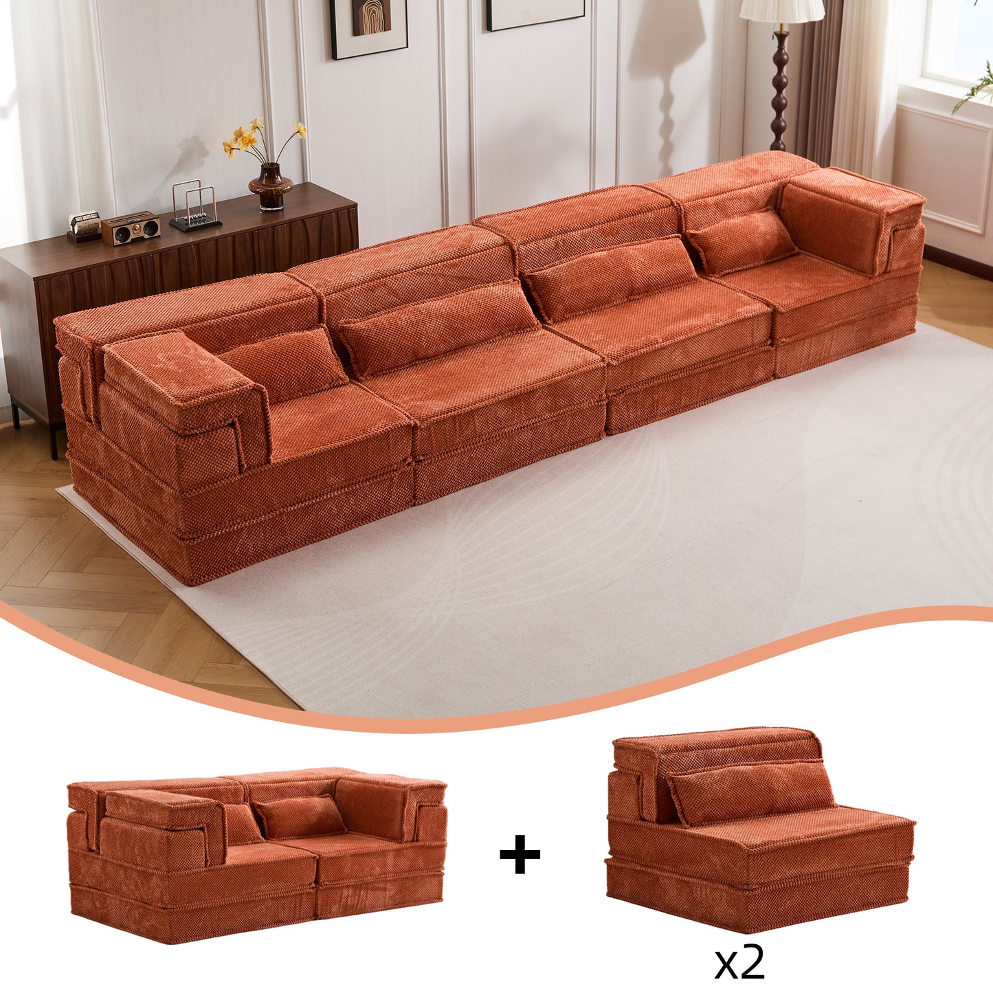 Kompressions-Mahjong-Sofa, Umwandelbares Boden-Sofa-Bett, DIY Knochenloses Modulares Sektional-Sofa, Keine Montage Erforderlich, Kreisförmiger Fleece-Stoff, Überdimensioniertes 4-Sitzer-Modell mit 4 Kissen, Orange