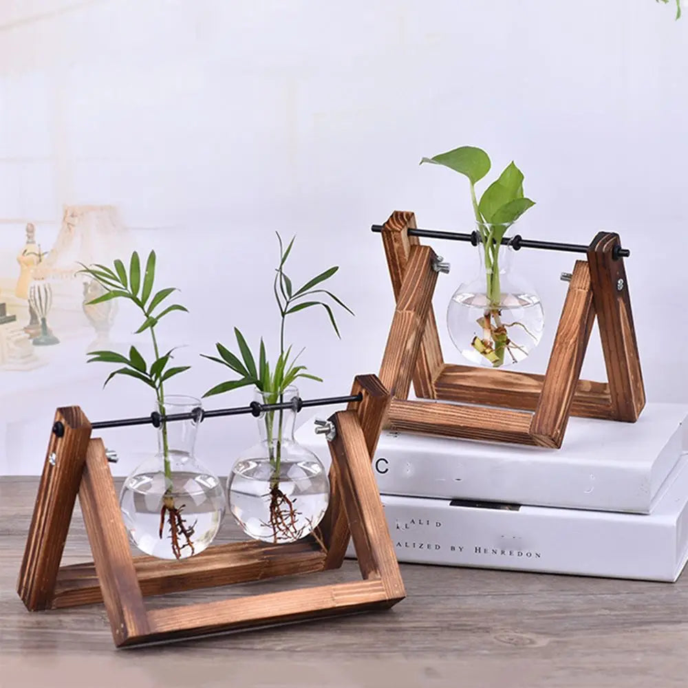 Wooden a-frame stand holding clear glass hydroponic plant vases with green plants and visible roots for tabletop decoration