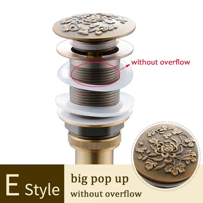 Decorative tree motif gold brass pop-up drain with intricate floral embossing for bathroom sink by decorbites brass bathroom