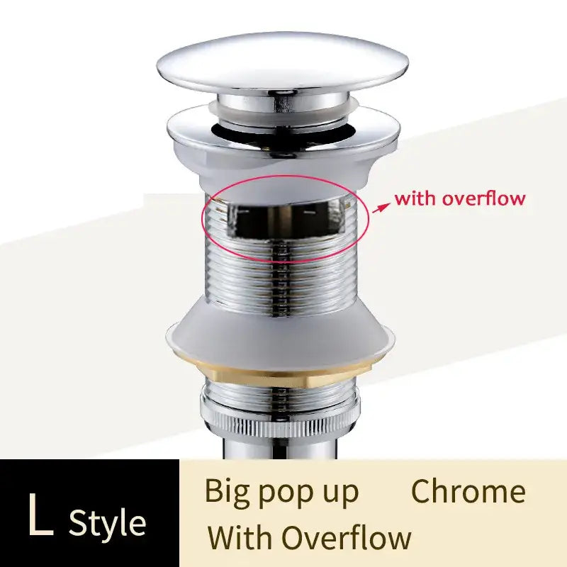 Chrome-finished l-style pop-up drain with overflow and threaded connection for decorbites brass bathroom sink decor