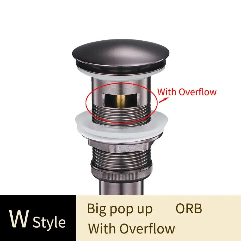 Matte black pop-up drain with overflow and white rubber seal for bathroom sink featuring a decorbites brass finish