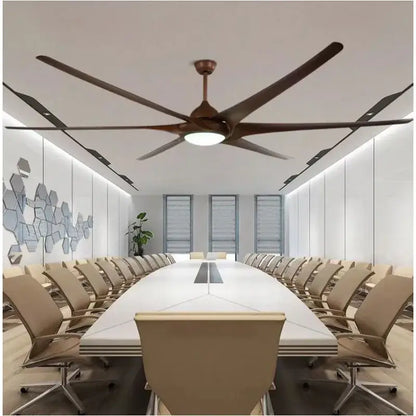 A sleek modern dark bronze large ceiling fan with five long blades and central light fixture for living room use