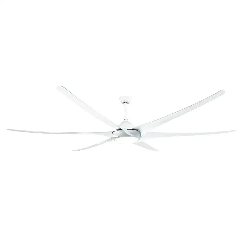 Modern dark bronze 100 inch large ceiling fan with white sleek modern blades and minimalist design for living room light