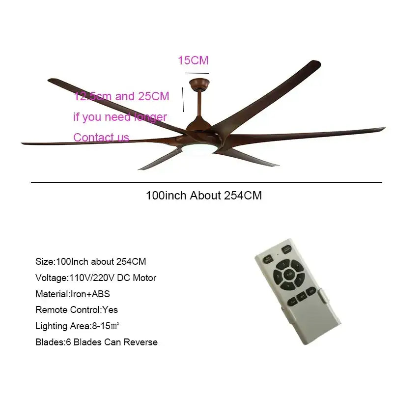 Modern dark bronze 100 inch large ceiling fan with six dark brown aerodynamic blades for living room use
