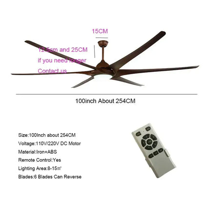 Modern dark bronze 100 inch large ceiling fan with six dark brown aerodynamic blades for living room use